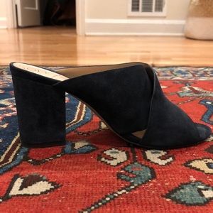 Blue suede open toe heeled mules